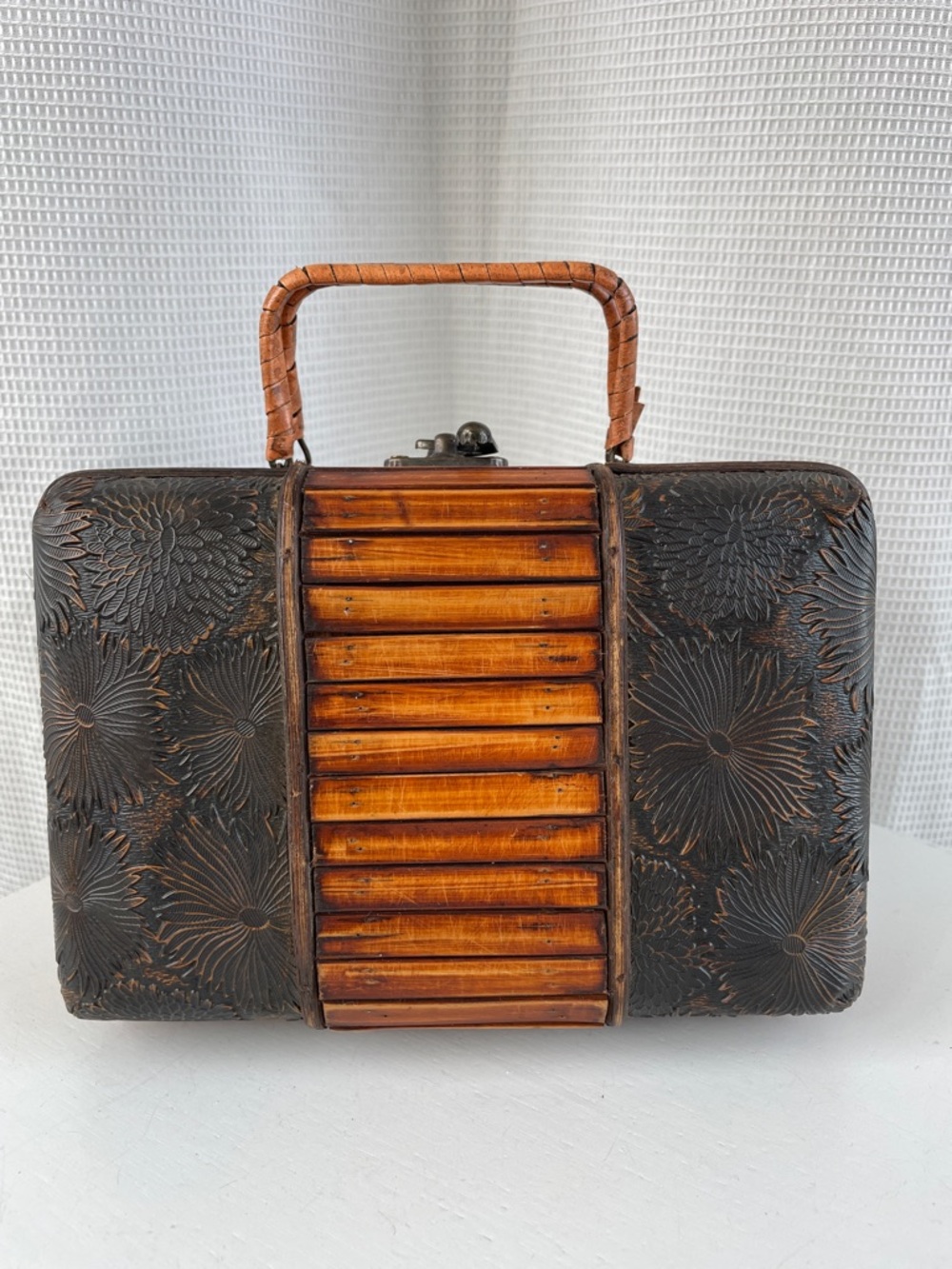 Vintage Patterned Leather Wood & Bamboo Handbag in Dark Brown and Honey